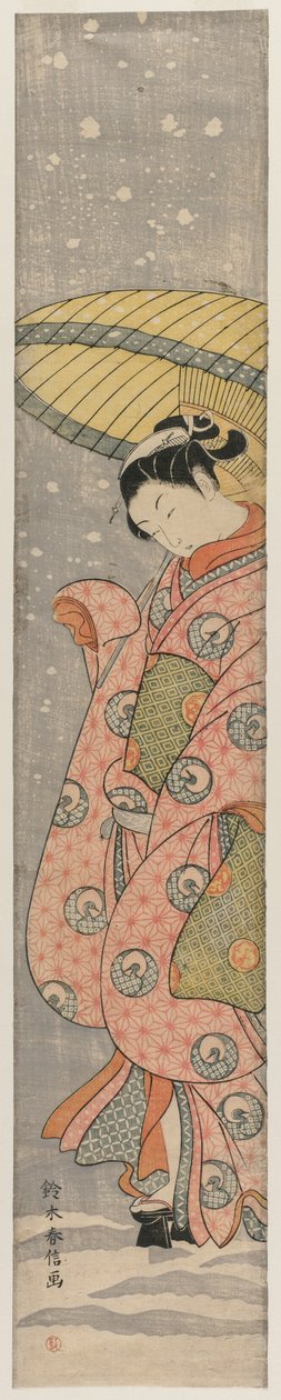 Karda Şemsiye Altında Duran Genç Kadın by Suzuki Harunobu