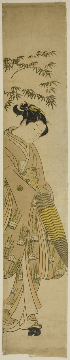 Karda yürüyen genç kadın by Suzuki Harunobu
