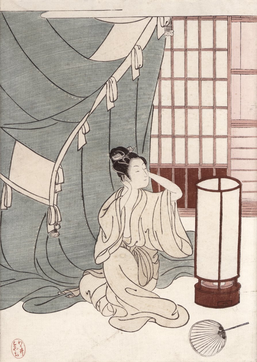 Young woman kneeling by her mosquito net, 1766 (colour woodblock print) by Suzuki Harunobu
