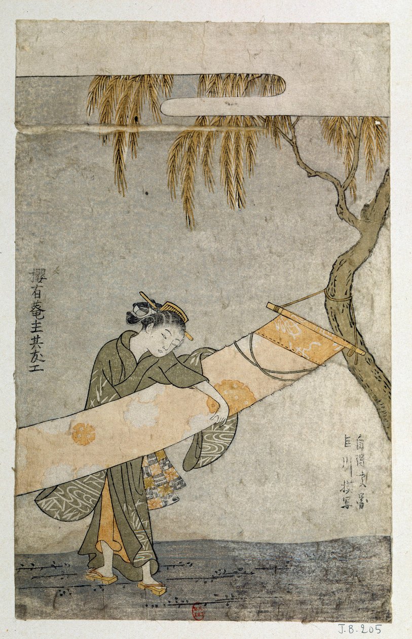 Kakemonoya bakan genç bir kadın bir ağaca yapışıyor. Harunobu Suzuki (1725-1770) tarafından Japon baskısı by Suzuki Harunobu
