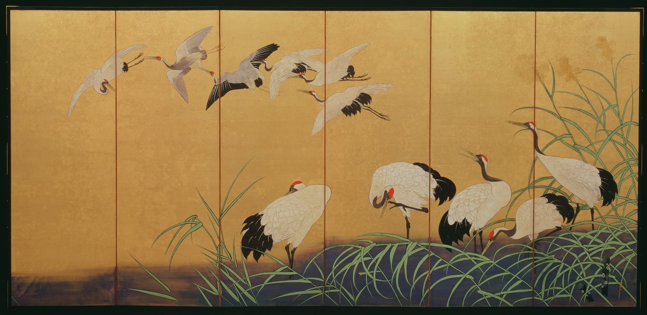 Sazlıkları ve Turnaları Betimleyen Altı Katlı Ekran, Edo dönemi, Japonca, 19. yüzyıl (yaldızlı ipek üzerine renkli) by Suzuki Kiitsu