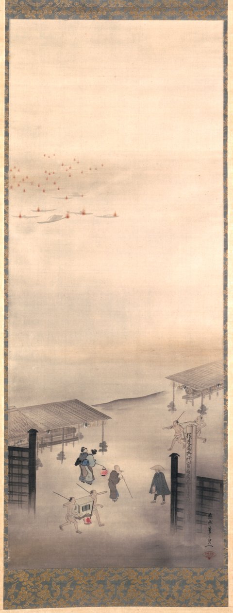 Yoshiwara ve Shinagawa, Edo Dönemi (ipek üzerine mürekkep, renk ve altın) by Suzuki Kiitsu