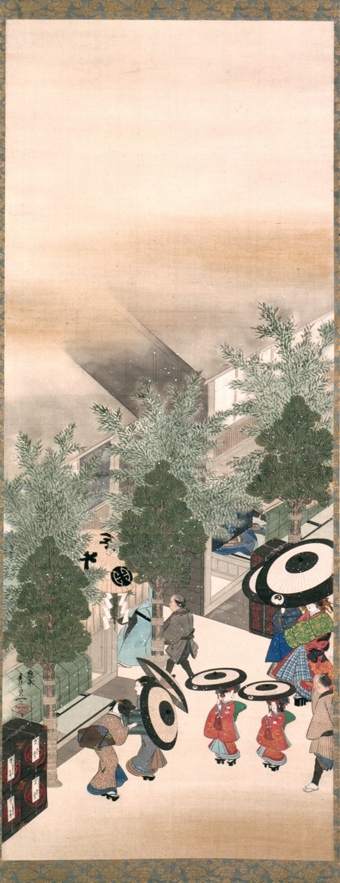 Yoshiwara ve Shinagawa, Edo Dönemi (ipek üzerine mürekkep, renk ve altın) by Suzuki Kiitsu