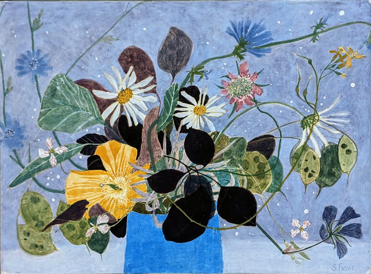 Hindibalı Kır Çiçekleri, 2022 (ahşap panel üzerine yumurta tempera) by Suzy Fasht