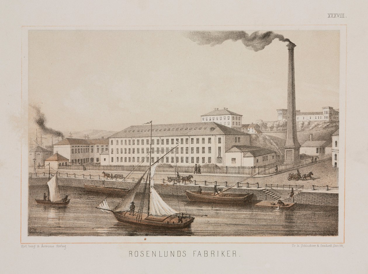 "Rosenlunds Fabriker" (Rosenlunds Fabrikası), Rosenlunds, Stockholm, İsveç, c.1840 (renkli taş) by Swedish School