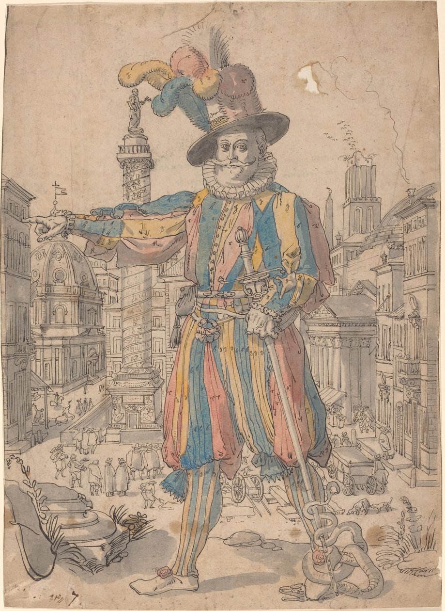 İsviçreli Muhafızlardan Giovanni Grosso, Roma Manzarası Önünde Duruyor by Swiss 17th Century after Francesco Villamena