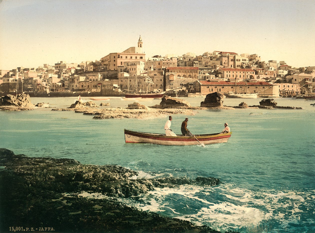 Arka planda kasaba ile Yafa Limanı, 1880-1900 dolayları (fotokrom) by Swiss Photographer