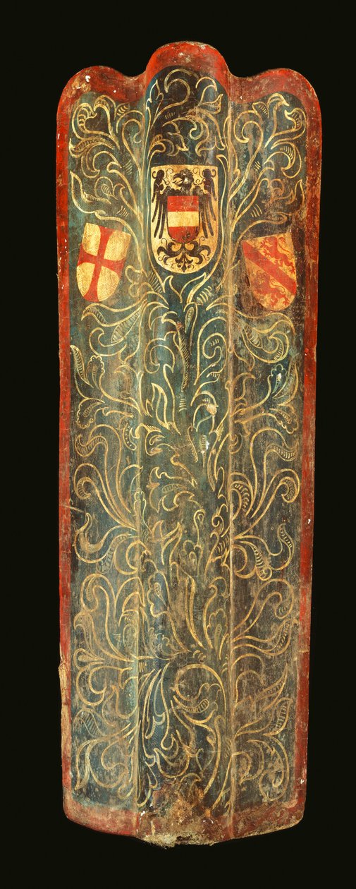 Yeşil kaydırmalı yeşillik tasarımlı gesso boyalı tuval ve Habsburg, St George Birliği ve Winterthur kasabasının armalarıyla kaplı nadir bir İsviçre ahşap pavyonu, c.1445 by Swiss School
