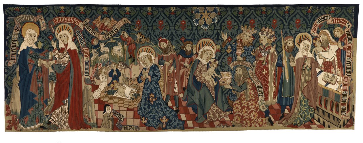 Basle'den Bakire'nin Yaşamından dört sahneyi betimleyen goblen sırt, 1450-75 dolayları (yün ve beyaz keten iplikler) by Swiss School