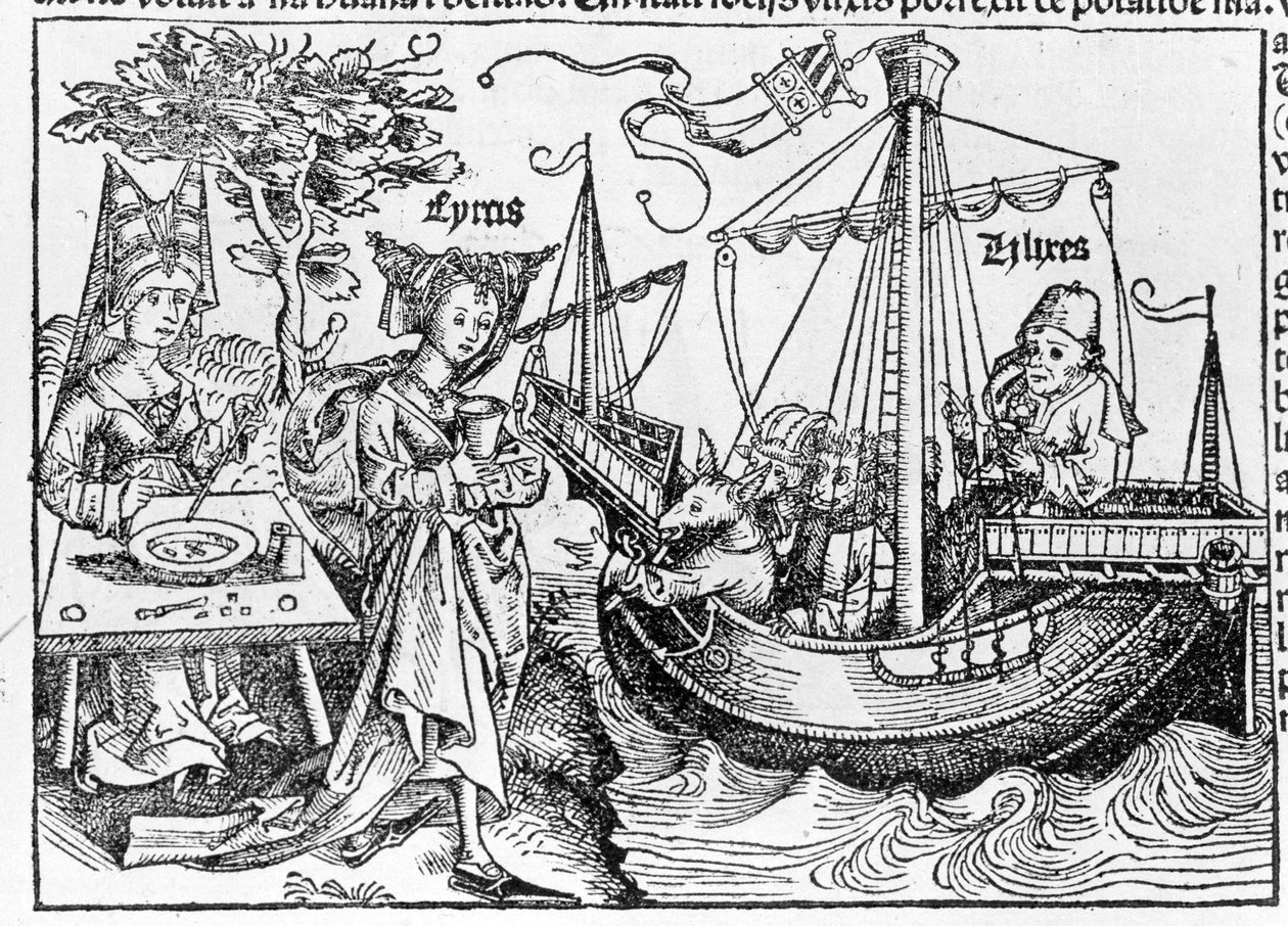 Ulysses ve yoldaşları, sihirbaz Circe tarafından domuza dönüştürüldü - Sebastian Munster tarafından “” Cosmographia”da, Basel 1558 by Swiss School
