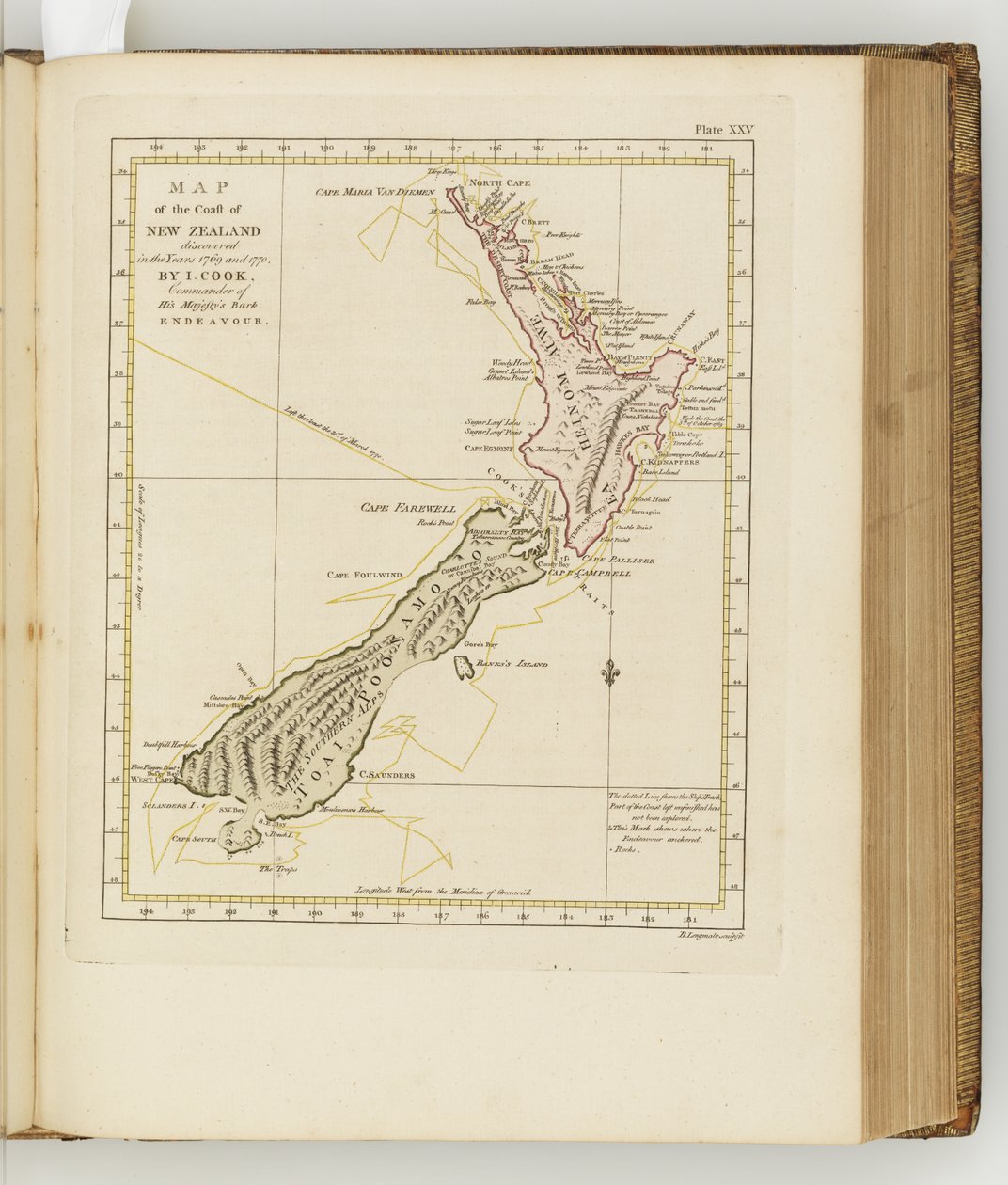 Yeni Zelanda kıyılarının haritası, Güney Denizlerine yapılan bir yolculuğun günlüğünden bir çizim: Majestelerinin gemisinde, Endeavour, 1794 (el renkli gravür) by Sydney