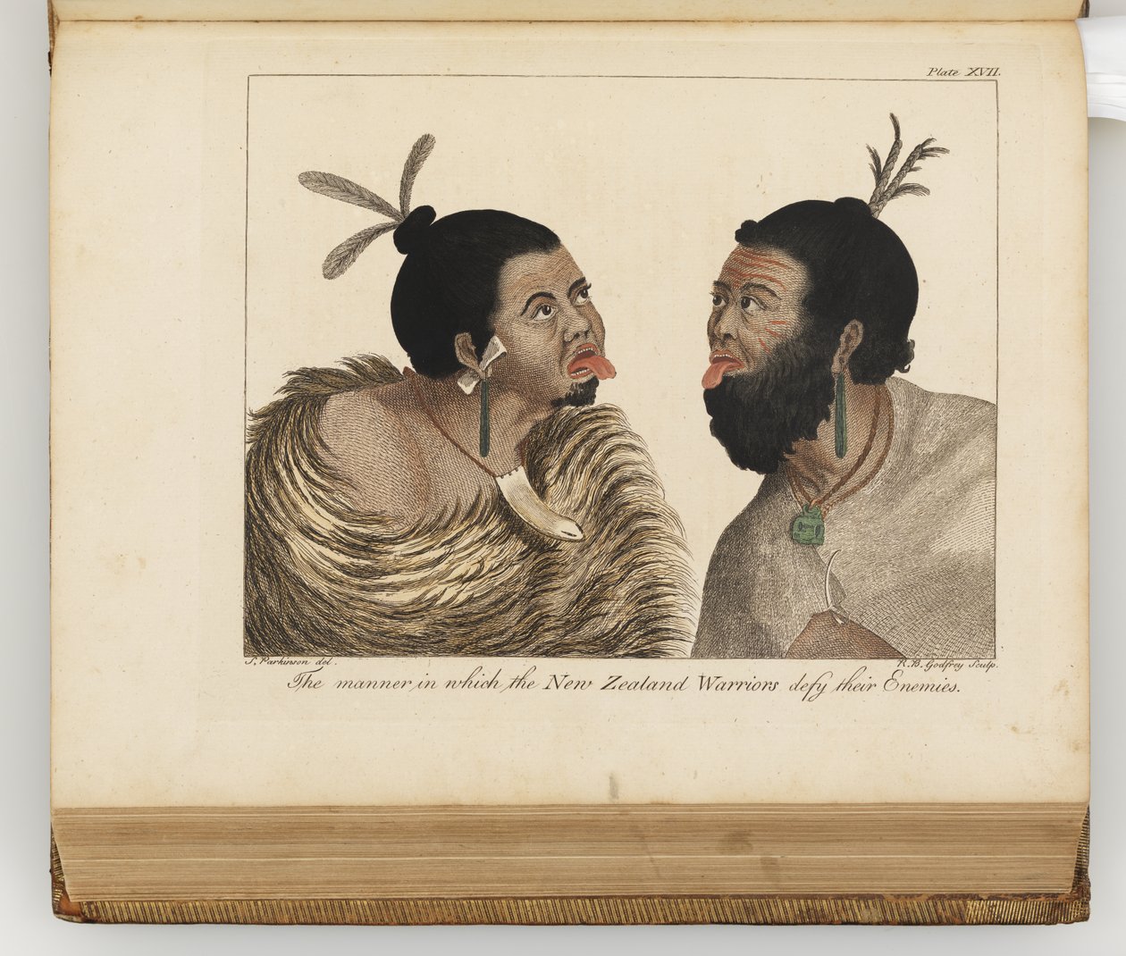 Yeni Zelandalı savaşçıların düşmanlarına meydan okuma tarzı, Güney Denizlerine yapılan bir yolculuğun günlüğünden bir örnek: Majestelerinin gemisinde, Endeavour, 1794 (el renkli gravür) by Sydney