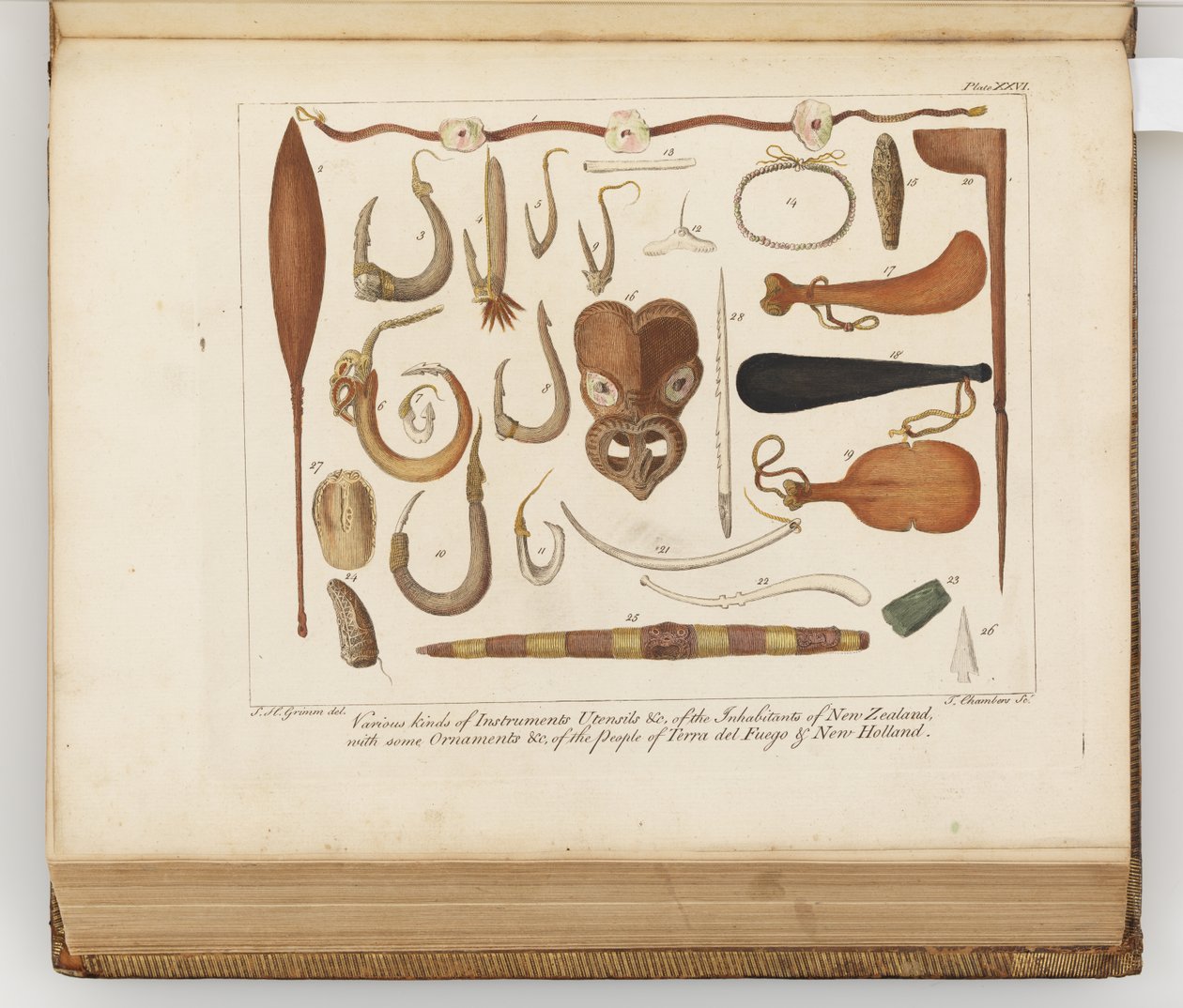 Yeni Zelanda sakinlerinin çeşitli aletleri, kapları ve c, Güney Denizlerine yapılan bir yolculuğun günlüğünden illüstrasyon: Majestelerinin gemisinde, Endeavour, 1794 (el renkli gravür by Sydney