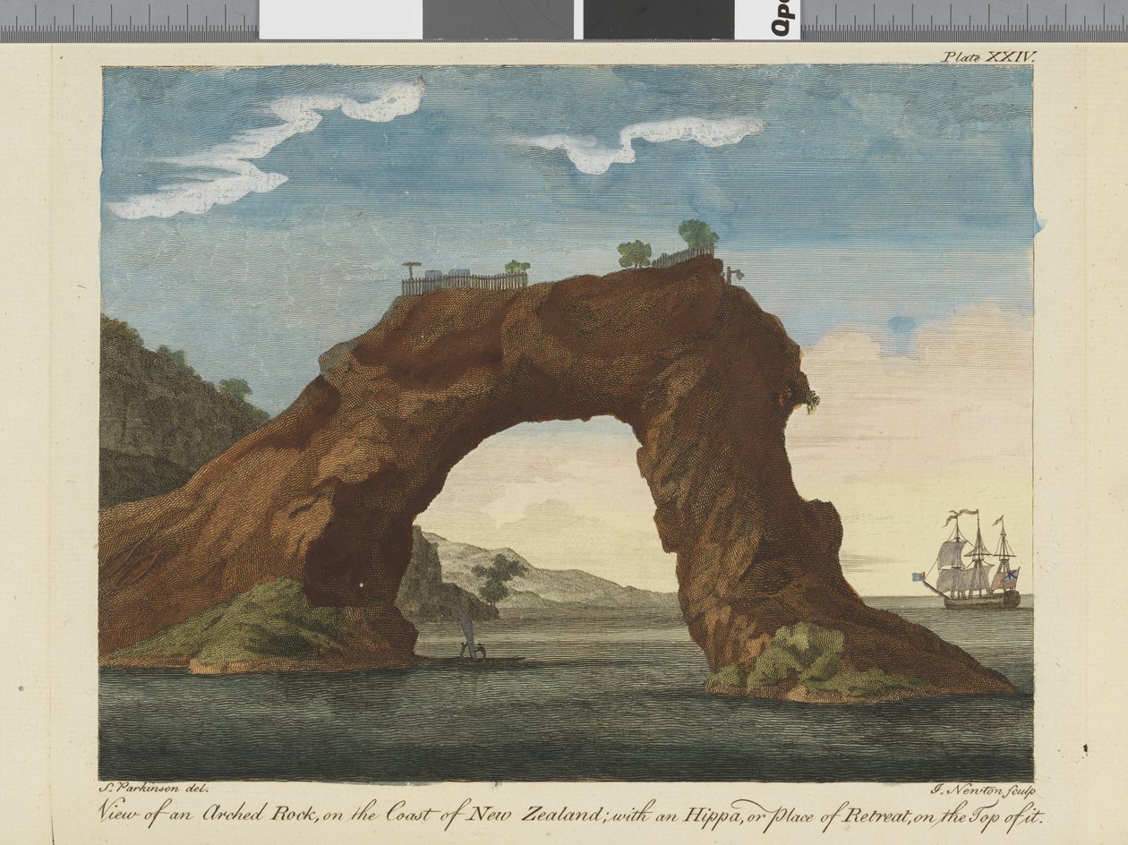 Kemerli bir kayanın görünümü, Güney Denizlerine yapılan bir yolculuğun günlüğünden bir örnek: Majestelerinin gemisinde, Endeavour, 1794 (el renkli gravür) by Sydney