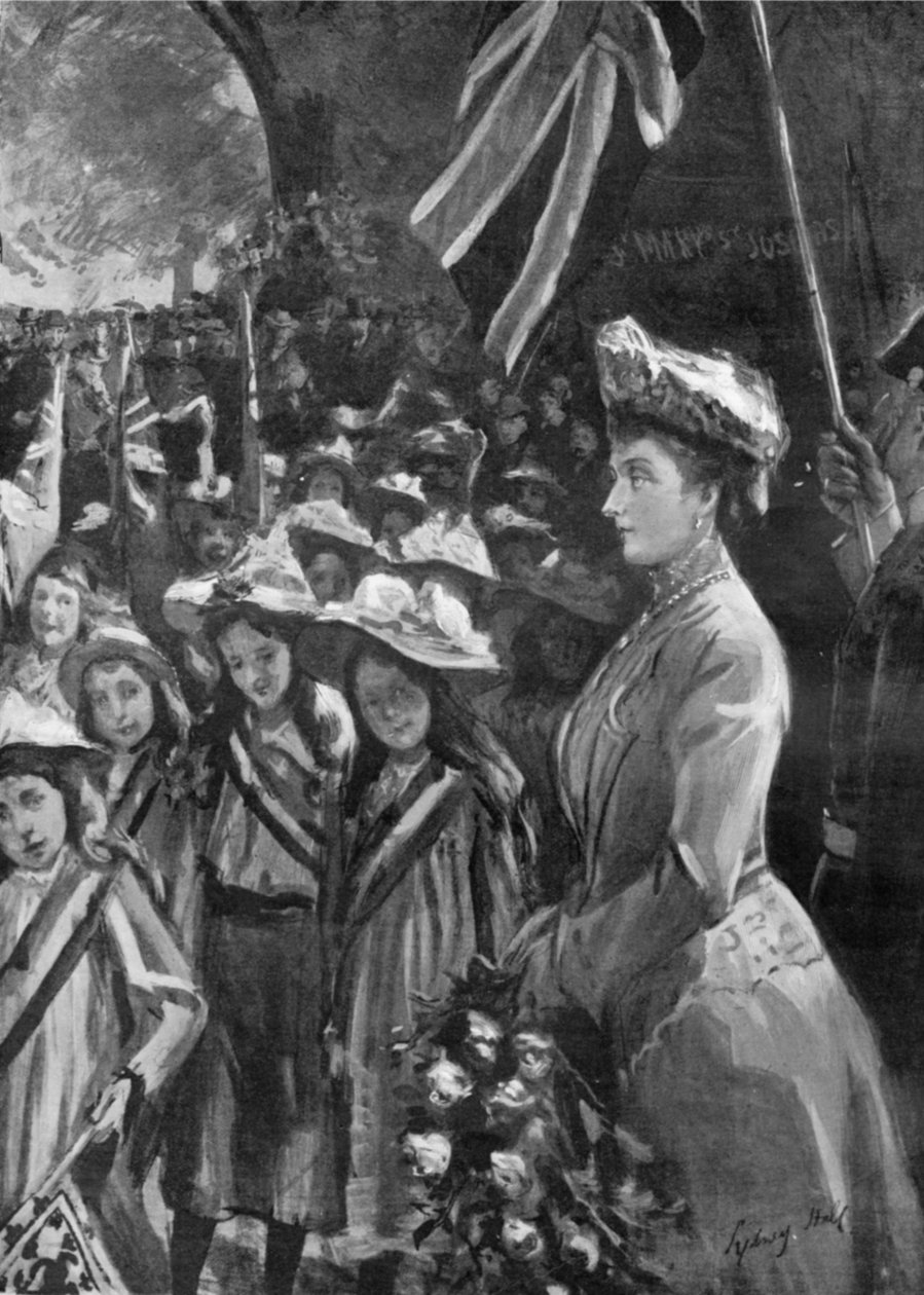 Prenses Louise, Battersea Park'ta yirmi bin çocuğu inceliyor, 'Grafik'ten bir çizim, 19 Temmuz 1902 by Sydney Prior Hall