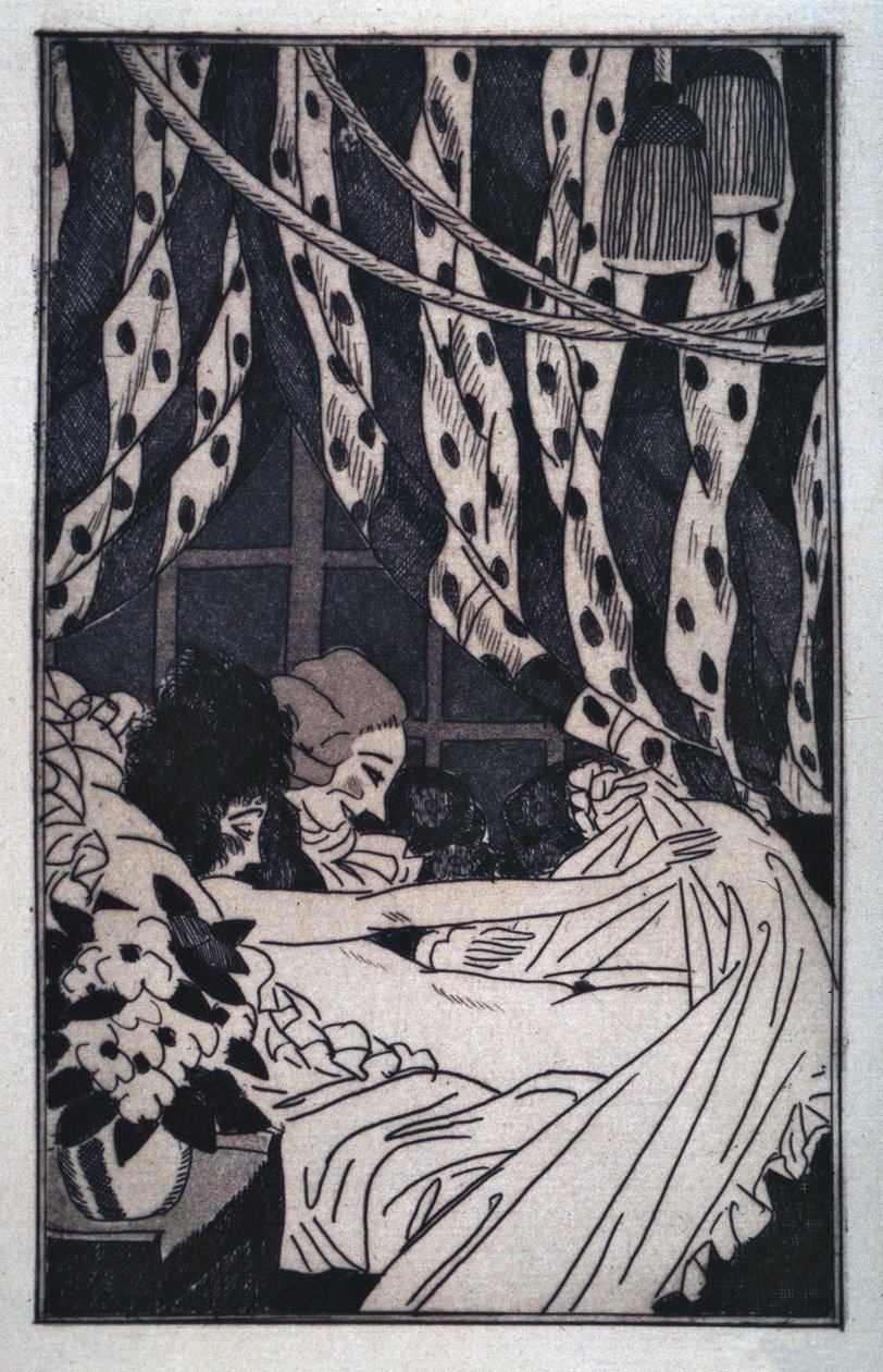 Erotizm: Giacomo Casanova (1725-1798) 20. yüzyılın başlarında çıplak metresini seyretmek için çarşafları kaldırıyor (gravür) by Sylvain Sauvage