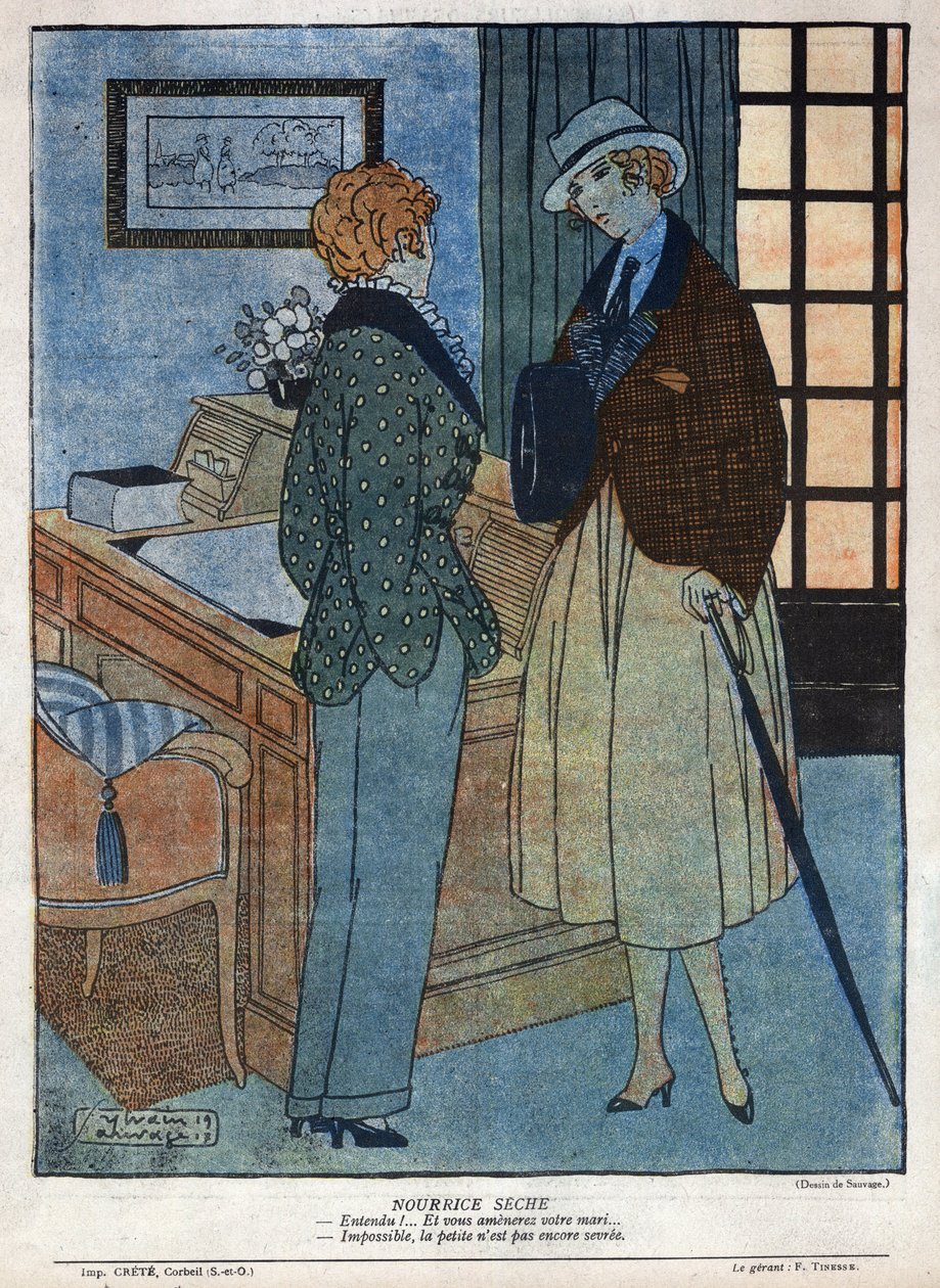 Andre Birabeau (1890-1974) ve Marcel Hervieu'nun 15 Kasım tarihli "" La baionnette""" sayı 124'teki "" Elles tirera"" adlı tiyatro oyunundan bir sahne çizimi by Sylvain Sauvage