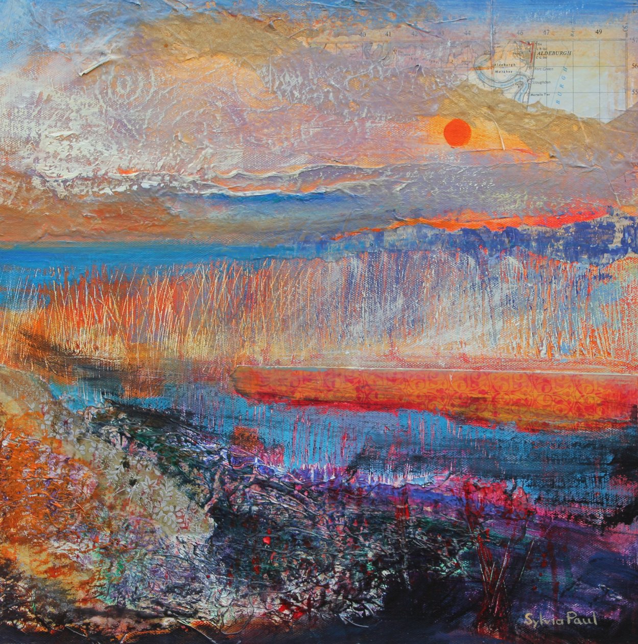 Marsh Sunset 2013, akrilik kağıt kolaj by Sylvia Paul