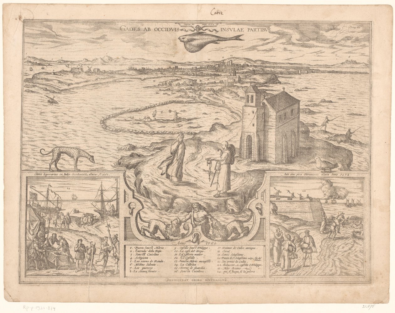 Cádiz Gades ab occiduis insulae partibus'tan burun görünümü (nesne üzerindeki başlık) by Symon Novelanus (possibly)