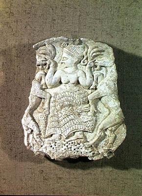 İki yaban keçisini besleyen Hayvanların Hanımını betimleyen bir pyxis kapağı, c.1200-1150 by Syrian Syrian