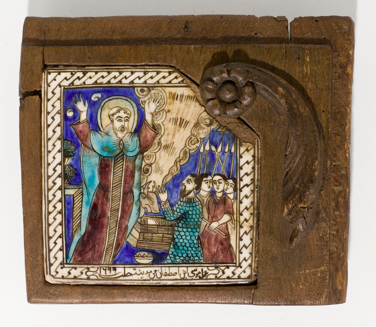 1699, 1699 tarihli, managanese, mavi ve kahverengi boyalı, imzalı ve tarihli Suriye seramik karosu by Syrian School