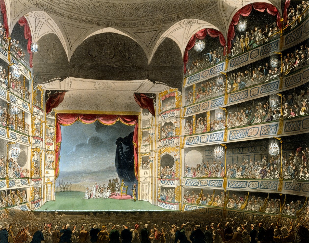 Drury Lane Tiyatrosu, Microcosm of London'dan, R Ackermann, 1808 (el boyaması aquatint) by Pugin and Rowlandson