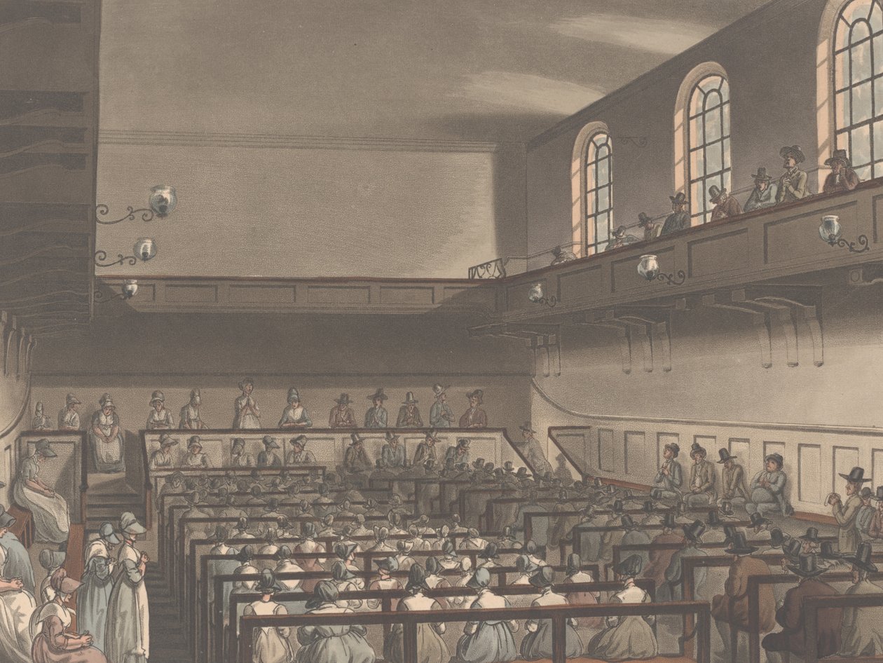 Ackermann's Repository of Arts'tan Quaker's Meeting, aquatinted by Joseph Constantine Stadler (fl.1780-1812), 1804 (aquatint) by Pugin and Rowlandson
