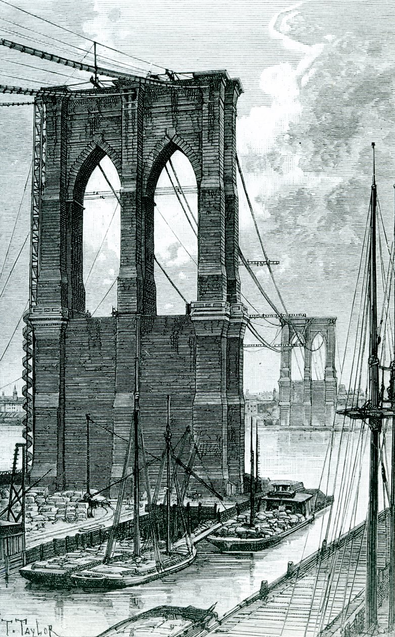 Brooklyn Köprüsü Yapım Aşamasında, bir fotoğraftan sonra çizilmiş, 1878 by T. Taylor