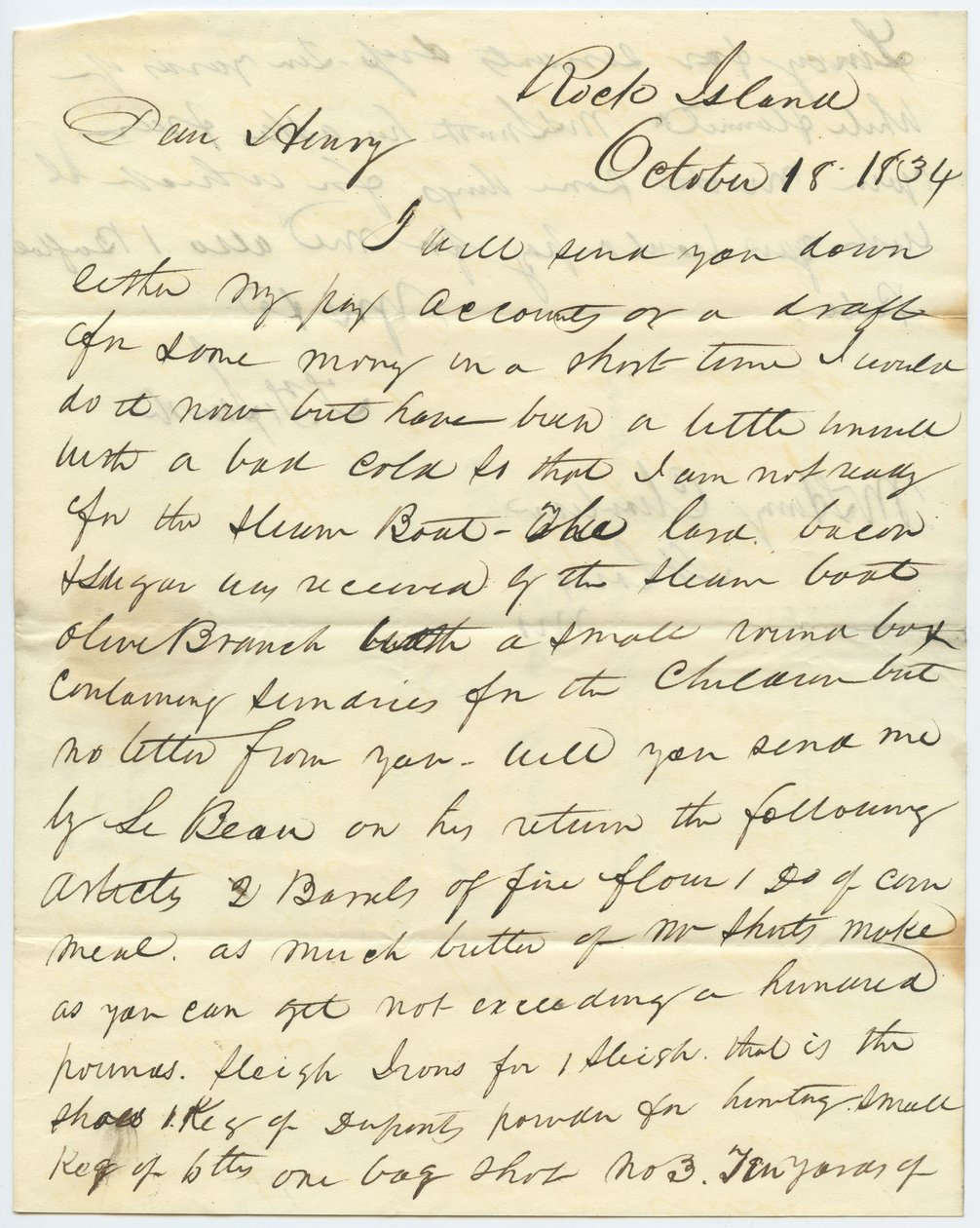 İmzalı mektup T.F. Smith, Rock Island, Henry Chouteau, St. Louis, Mo., 18 Ekim 1834 by T.F. Smith