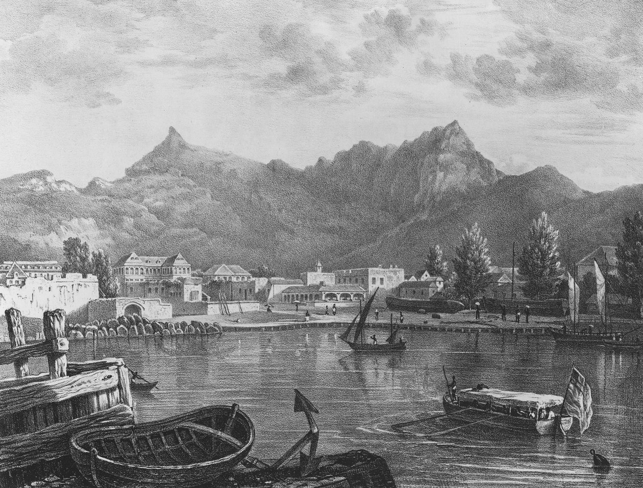 Port Louis, Mauritius, from the Eastern side of the harbour, c.1830 (lithograph) by T. (after) Bradshaw
