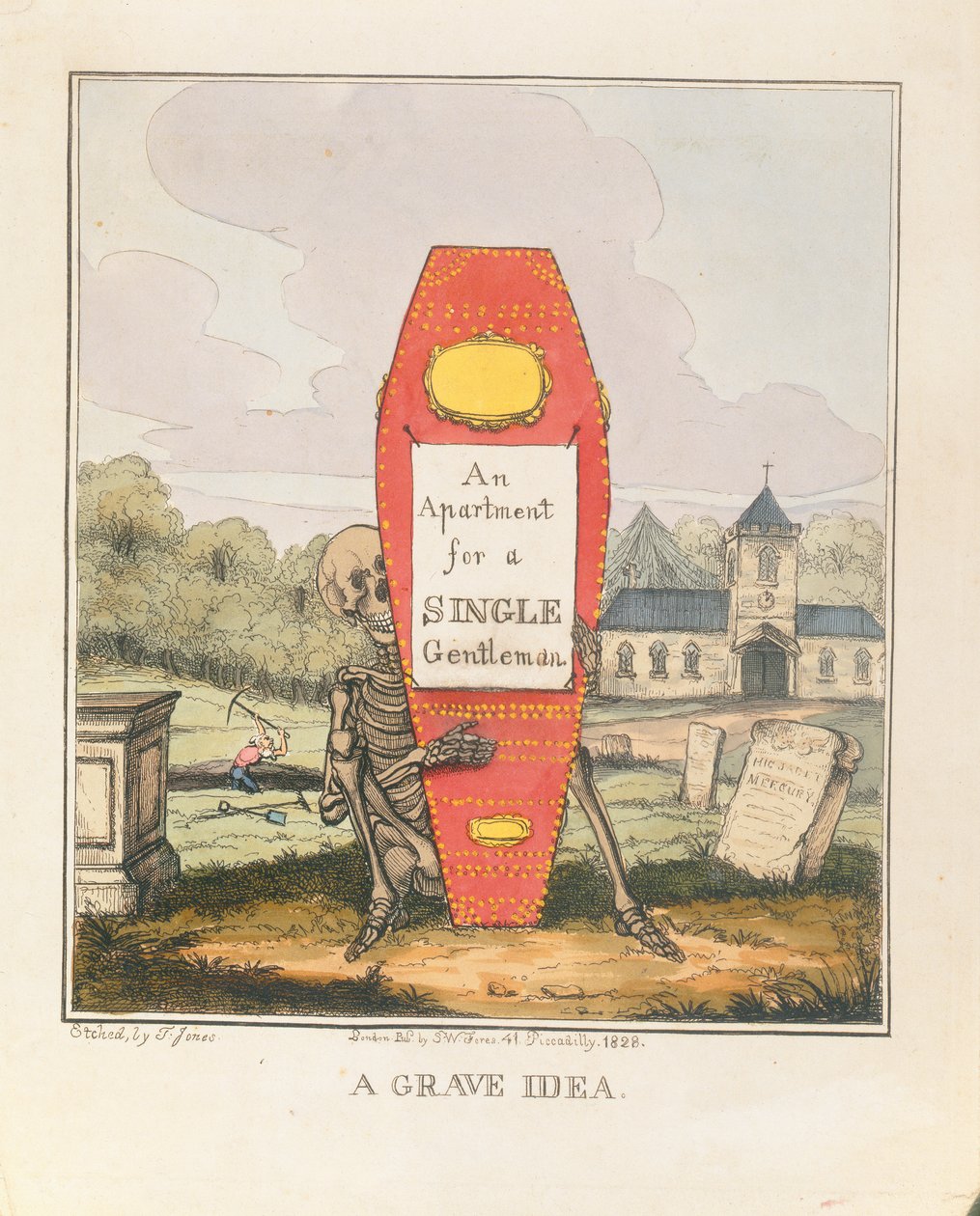 Ciddi Bir Fikir: Bekar Bir Beyefendi İçin Bir Daire, pub. 1828 (renkli gravür) by T. Hampson Jones