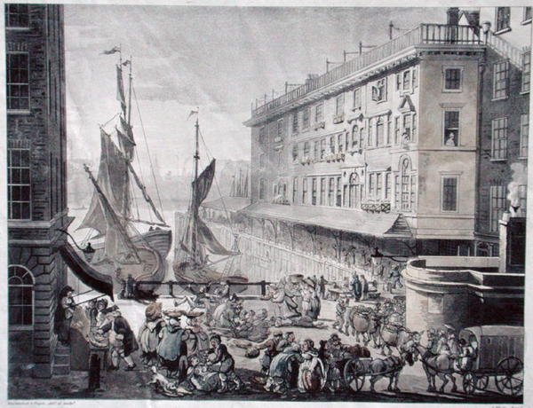J. Bluck (fl.1791-1819) (aquatint) tarafından oyulmuş Billingsgate Market by T. and Pugin A.C. (after) Rowlandson
