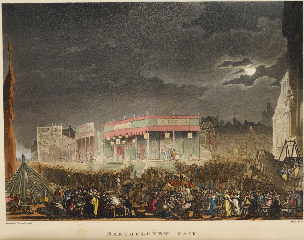Bartholomew fuarı. İlk olarak 1813'te düzenlenen, her Ağustos ayında Smithfield yakınlarında düzenlenen yıllık bir etkinlikti ve Londra'nın en uzun süredir devam eden sokak tiyatrosuydu. by T. & Pugin A.C. (1762 1832) (after) Rowlandson