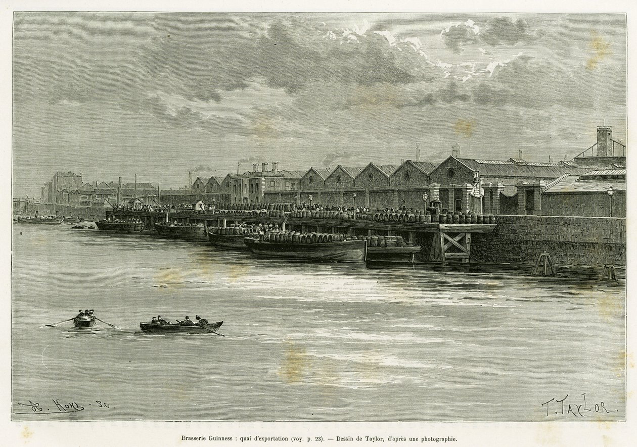 Guinness Bira Fabrikası, ihracat limanı. Hikayeyi göstermek için Taylor tarafından gravür, 1889