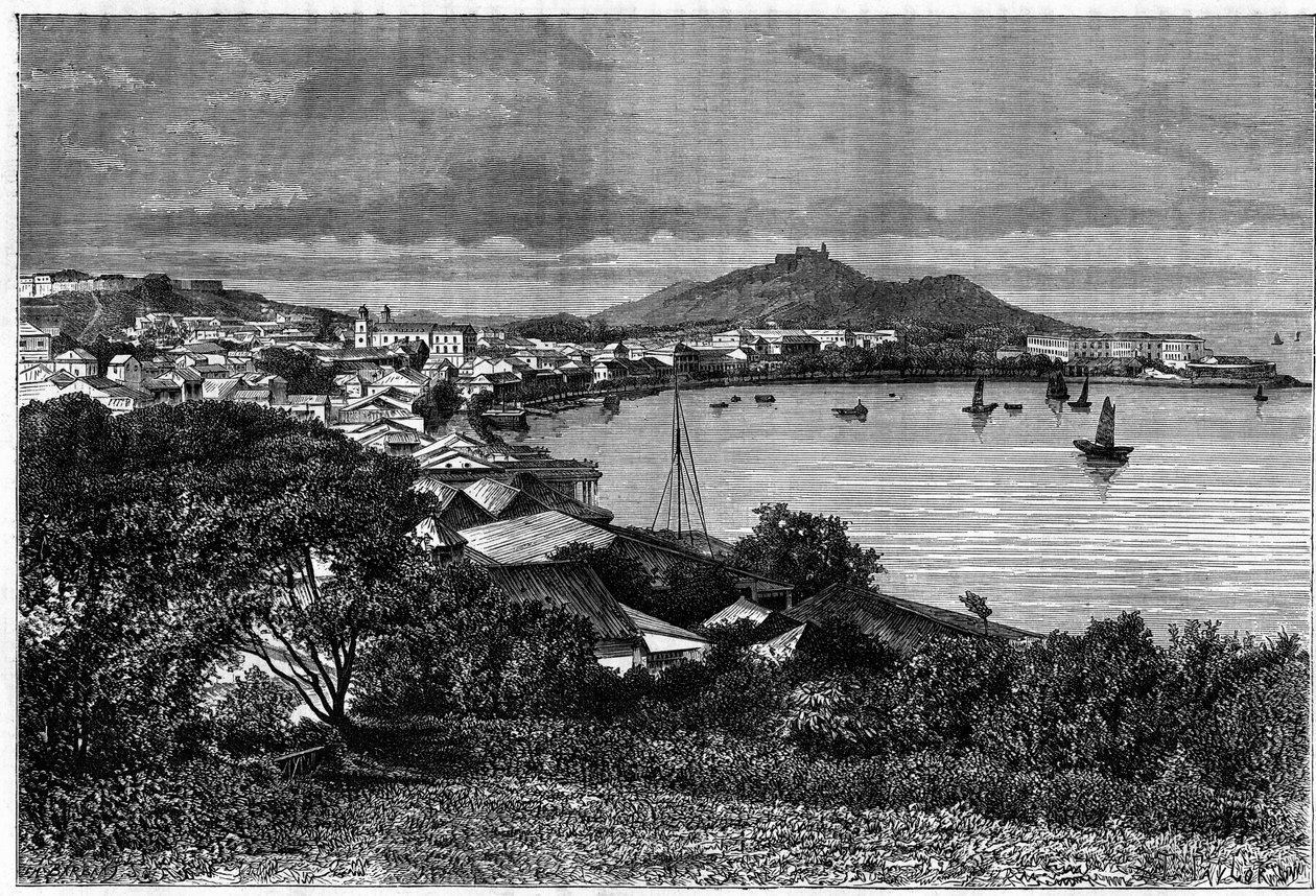 Makao Körfezi manzarası. Edouard Charton, Paris tarafından düzenlenen “Le Tour du Monde, Nouveau Journal des Voyages”da Taylor tarafından yapılan bir çizimden sonra gravür by T Taylor
