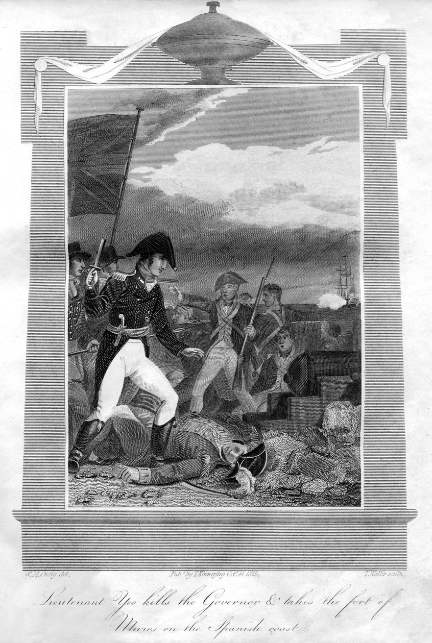 Teğmen Yeo valiyi öldürür ve İspanya sahilindeki Muros kalesini alır, 1816 by T. Wallis