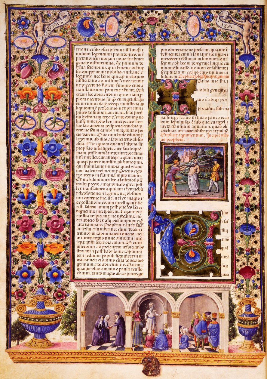 Taddeo Crivelli (1425-1479) ve diğerleri tarafından aydınlatılan Borso d'Este İncili Cilt II'den peygamberlik kitaplarına giriş, Latince el yazması 422-423, folio 3, verso, parşömen by Taddeo Crivelli