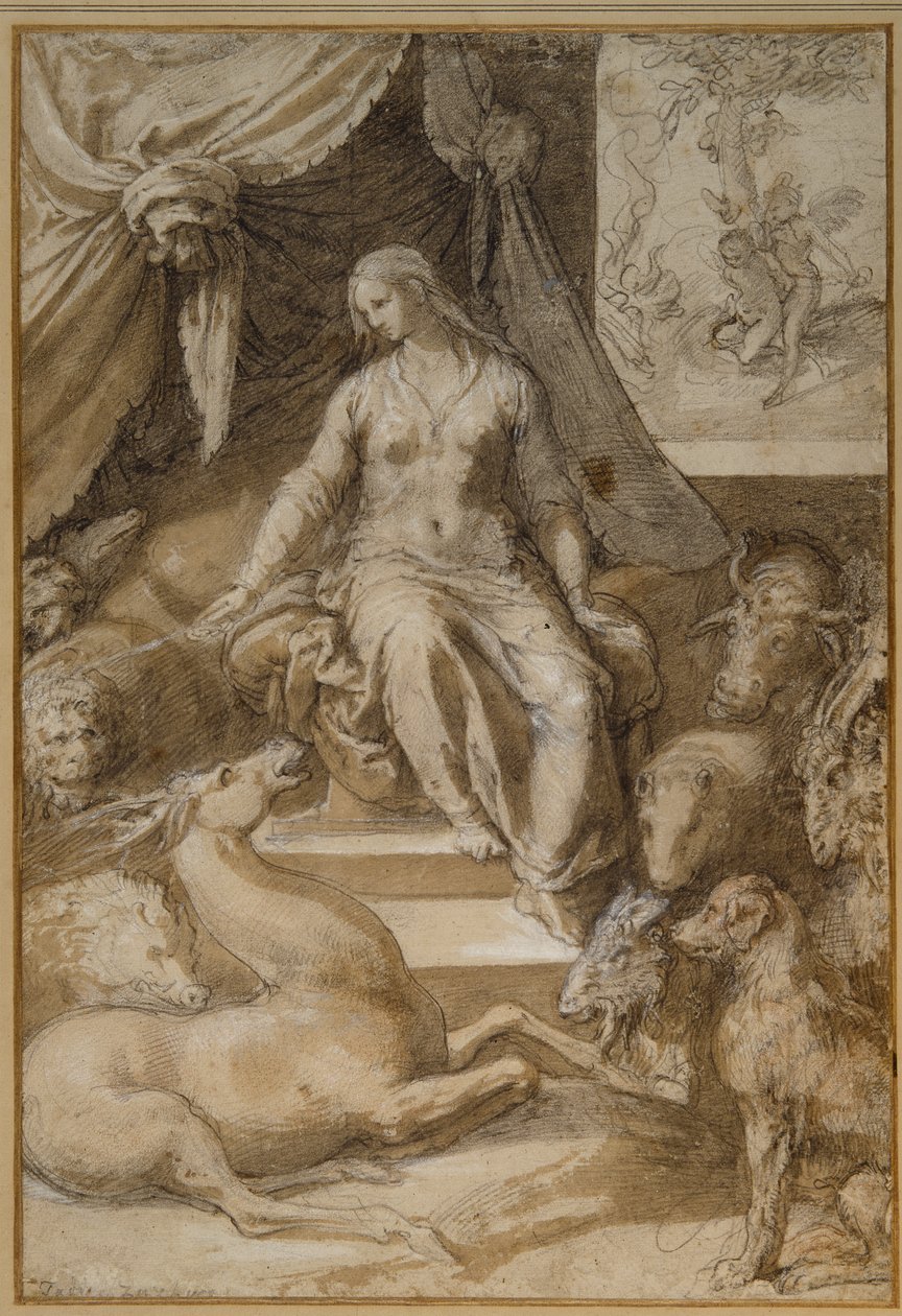 Circe oturmuş, büyülenmiş Argonauts transmogrified (kağıt üzerinde kahverengi yıkama ve beyaz gövde rengi ile siyah tebeşir) by Taddeo Zuccaro