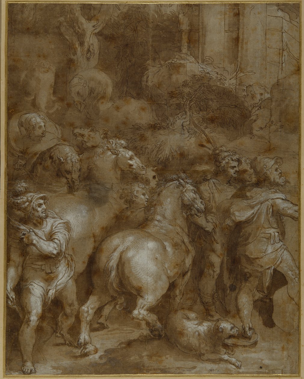 Atlar ve erkekler, sağa dönük (kalem ve kahverengi mürekkep, kağıt üzerinde yıkama ve beyaz gövde rengi) by Taddeo Zuccaro
