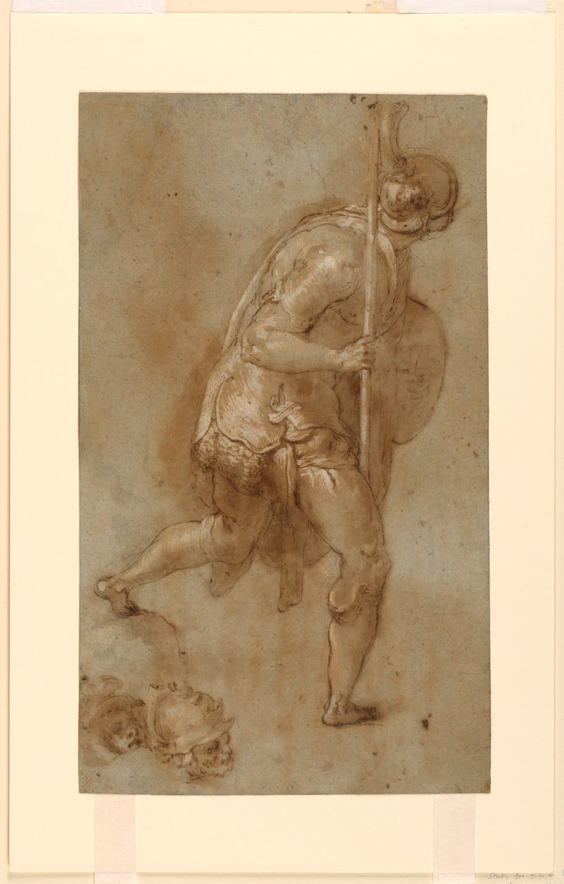 Asker Koşusu :Sol Ön Plandaki Figür Çalışması, "İsa'nın İhaneti", Roma, S. Maria della Consolazione, Matttei Şapeli; İki Başın Ayrı Çalışmaları by Taddeo Zuccaro