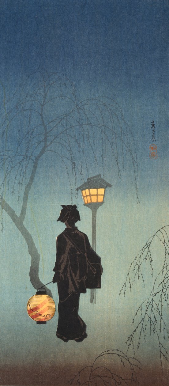 Bir bahar akşamı fenerli kadın (renkli tahta baskı) by Shōtei Takahashi