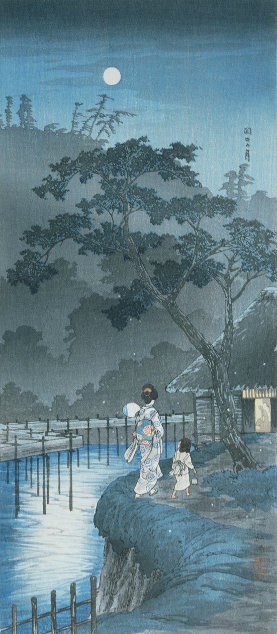 Kadın, çocuk ve ay (renkli tahta baskı) by Takahashi  Hiroaki