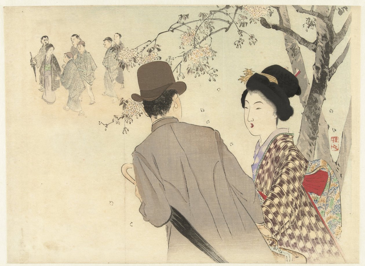 Melon şapkalı ve şemsiyeli adam ve kimonolu bayan by Takeuchi Keishū