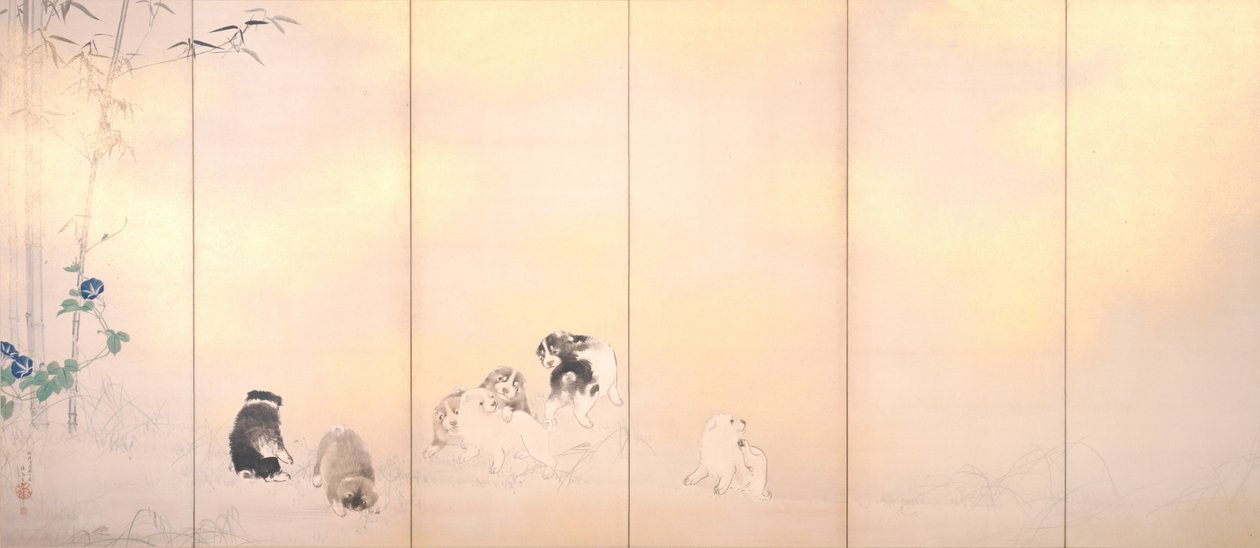 Köpeklerle wisteria ve sabah zafer ekranı by Takeuchi Seiho