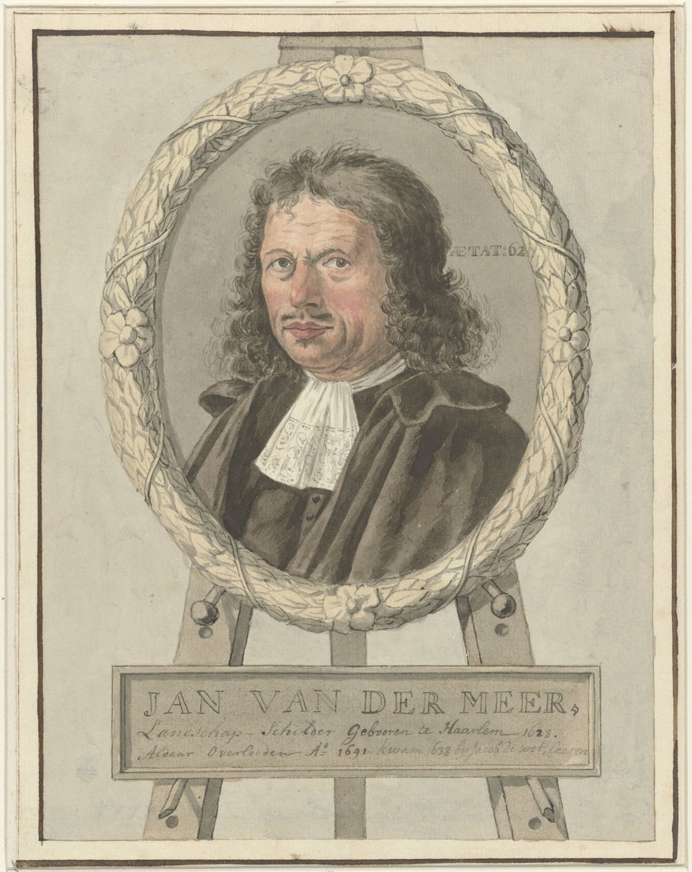 Johannes van der Meer Elder portresi, şövale üzerinde defne çelengi içinde by Tako Hajo Jelgersma (possibly)