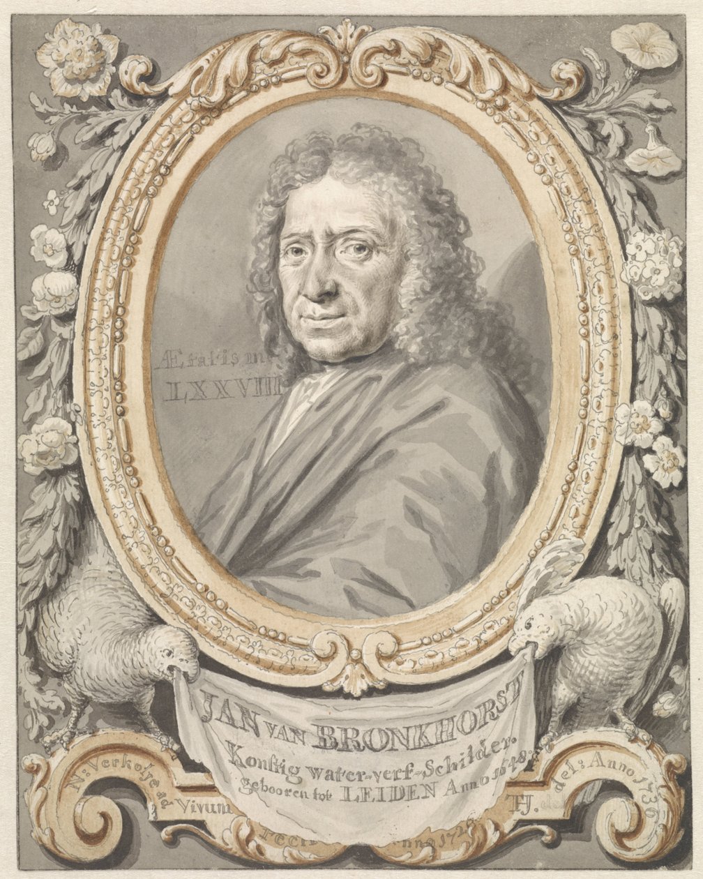 Çiçekler ve iki kuş ile bir çerçeve içinde Johannes (Jan) van Bronkhorst portresi by Tako Hajo Jelgersma