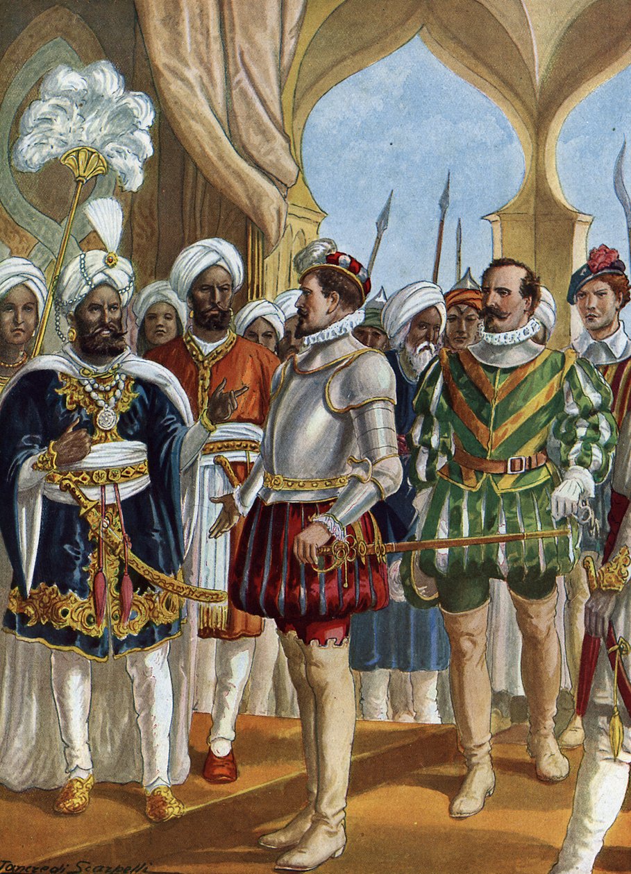 Portekizli denizci Pedro Alvares Cabral (1460-1526), 13/09/1500 tarihinde Calicut (Kozhikode) kralının (Zamorin) mahkemesinde, Hindistan'da bir kontuar kurulmasını müzakere etmek üzere (Portekizli denizci Pedro Alvares Cabral, Zamorin'de Zamorin il by Tancredi Scarpelli
