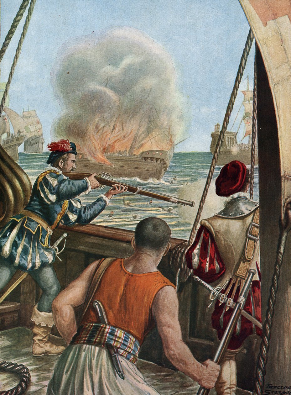 Hindistan'a ikinci sefer (1502-1503) "" Portekiz'in Vasco de Gama filosu ile Calicut filosu arasındaki deniz savaşı, Portekiz'in Mekke'den dönen Müslüman gemisi Miri Charge pelerins'i ateşlemesi, 3/10/1502"" (İran by Tancredi Scarpelli