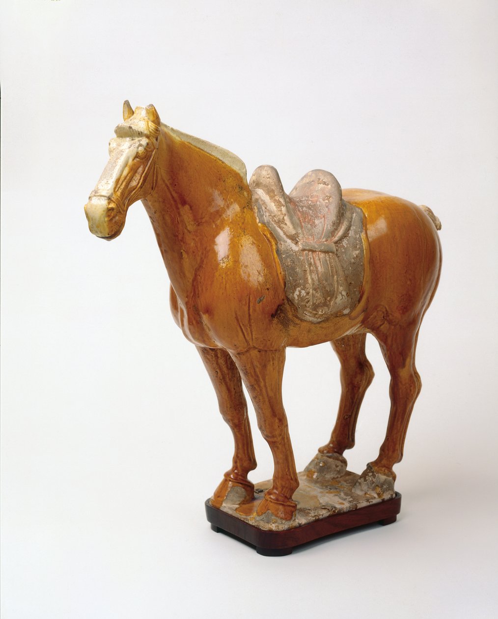 Eyerli At, Tang hanedanı, MS 618-907 (kurşun eritilmiş sarı sır ile kalıplanmış ve yontulmuş çanak çömlek) by Tang Dynasty Chinese School