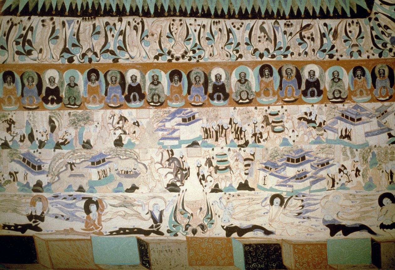 Buda ve günlük yaşamdan sahneler, fresk Tang Hanedanlığı, Çin, 7-10. yüzyıla kadar uzanıyor by Tang Dynasty Chinese School